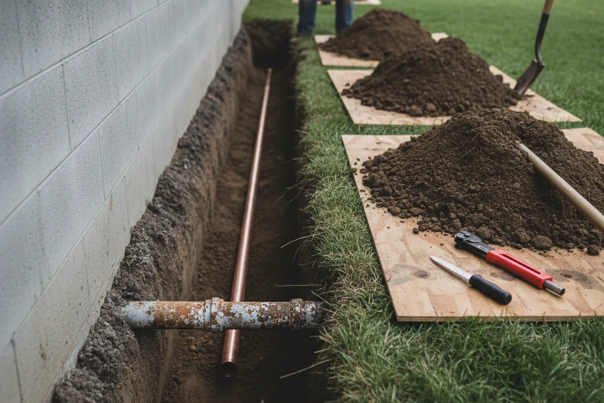 Excavated water line trench during Water Softener Installation in Laingsburg